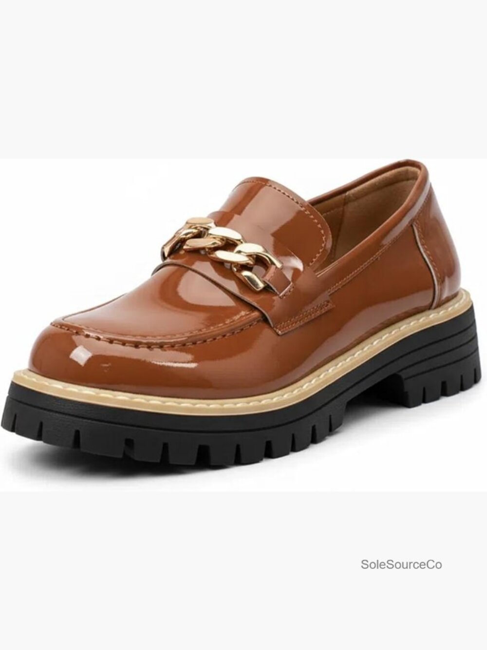 Patent Leather Platform Loafers Chain-Strap Chunky Heel Slip-On Lug Sole Dressy